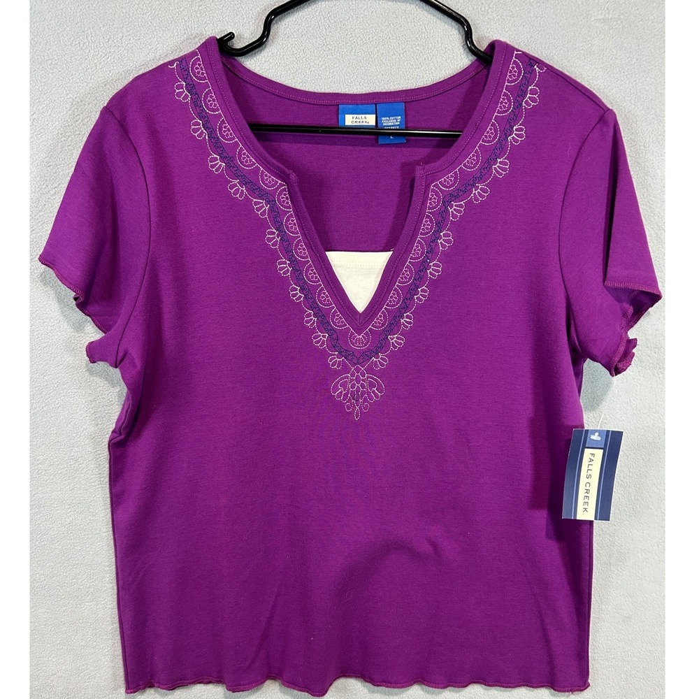 Womens Purple Embroidered Top Large Short Sleeve Cotton Casual Boho Summer